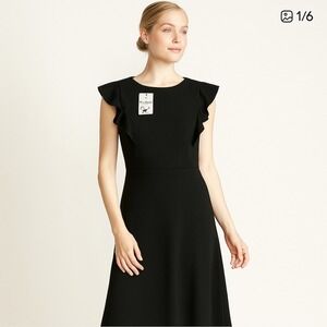 Black Ruffle Medium Dress Cap Sleeve‎ Midi Dress Womens Career Cocktail